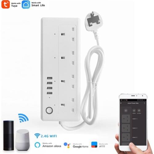 UK 13A WIFI Power Socket Strip,4 Outlets and 4 USB Ports,Timer,Overload Protect,On/Off Switch for Alexa Google,Tuya Smart life