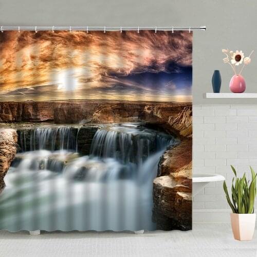 Waterfall Shower Curtains Forest Tree Stone Natural Scenery Bathroom Decoration Bath Curtain Washable With Hooks Set Home Screen