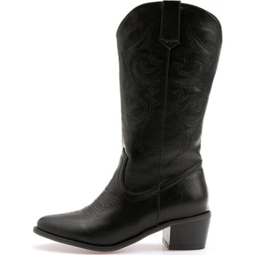 Women Chunky Mid Heel Pull On Cowgirl Cowboy Boots Embossed Winter Western Pointed Toe Mid Calf Tabs Motorcycle Boots for Female