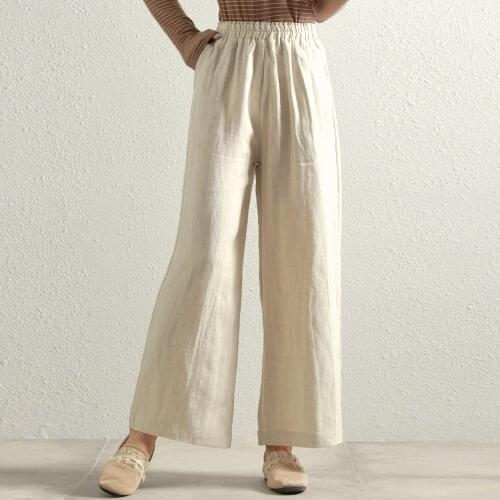 Women Elastic Waist Solid Color Linen Wide Leg Pants Ladies Vintage Spring Autumn Trousers Female Flax Pants 2021