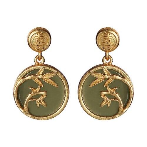 925 sterling silver gold plated Hetian gray jade Ear studs Bamboo Joint Peace buckle Earring pendant for ladies Earrings