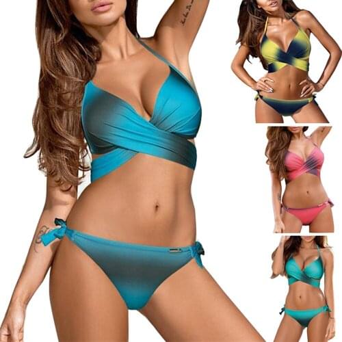 Sexy Bikini Women Swimsuit Push-up Padded Bra Swimwear Criss Cross Bandage Halter Bikini Set Beach Bathing Suit Swim Wear XXL