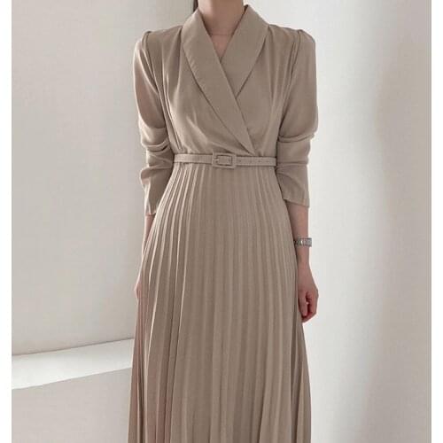 Vintage One-Piece WomenS Dress 2021 Fall Korean Elegant Fashion Office Ladies Dress Pleated With Belt Solid Casual Midi Dresses