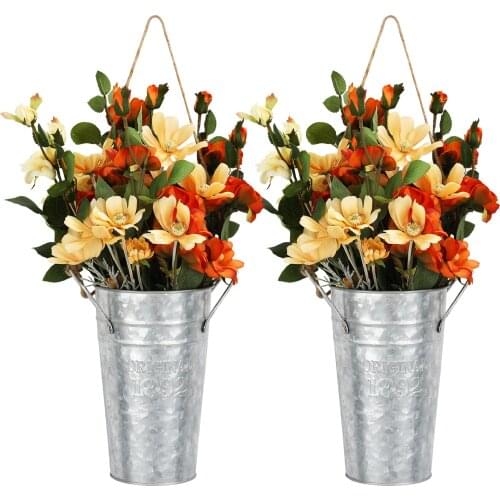2 Packs Metal Vase,Galvanized Wall Vintage Flower Bucket Farmhouse Style Hanging Planter Country Home Vase for Wall Decor