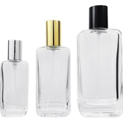 Empty Perfume Spray Bottle 100ML 50ML Flat Clear Transparent Glass Portable Refillable Container Gold Silver Black Atomizer 5pcs