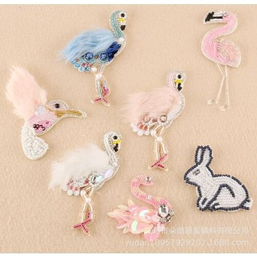 5pcs/lot Good Quality Cute Diy New Beaded Patches Bird Swan Flamingo Rabbit Animals Drill Sewing Decorations Garment Accessories
