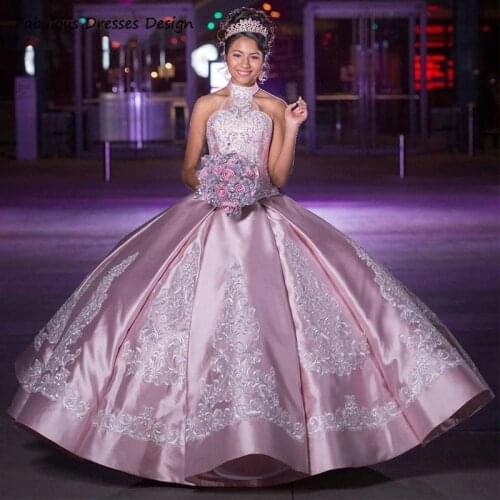 Applique Lace Quinceanera Dresses 2021 Halter Satin Vestidos De Gala Largos Prom Dress Customize 16 Dress Pageant Ball Gowns
