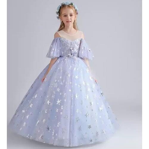 Flower Girl Dresses Short O-Neck Off The Shoulder Crystal Appliques Pearls Princess Floor-Length Tulle Lace Kids Party Gown H511