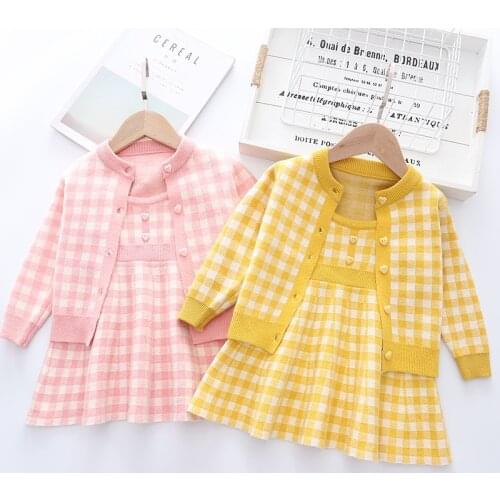Girls Clothing Sets 2pcs Long Sleeves Kids Knitting Coat &Sweater Dress Sweet Princess Children Fall Winter Suits for1-7Ys Baby