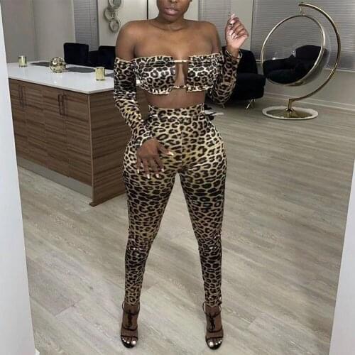 Cheetah Leopard Print Two Piece Pant Suit Womens Costumes Off Shoulder Full Sleeve Crop Top and Slim Fit Legging Club Outfits