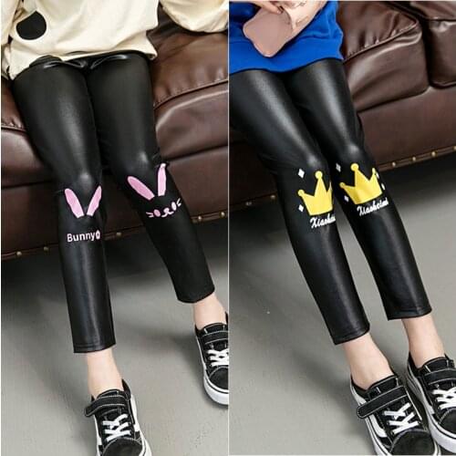 Spring Autumn Girls Leggings Faux Trousers Crow Leggins Children Leather Pants Pantalones Rabbit PU Leguin Getry Infantil Kids