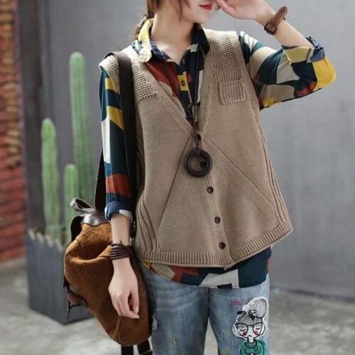 Literary Retro V-neck Knitted Sweater Vest Female Loose Large Size A Word Single-breasted Cardigan Sweater Vest Women Spring