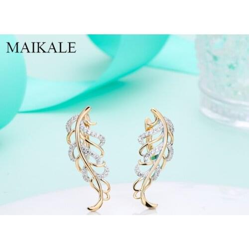 MAIKALE Fashion Gold Leaf Shape Earrings Micro Inlay Cubic Zirconia Stud Earrings for Women Jewelry Creative Gifts Brincos