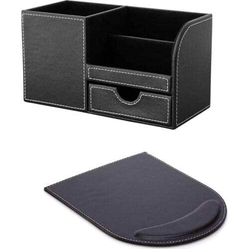 1 Set PU Leather Multi-Function Desk Stationery Organizer Storage Box Pen, Phone, Business Name Cards Holder + Mouse Pad