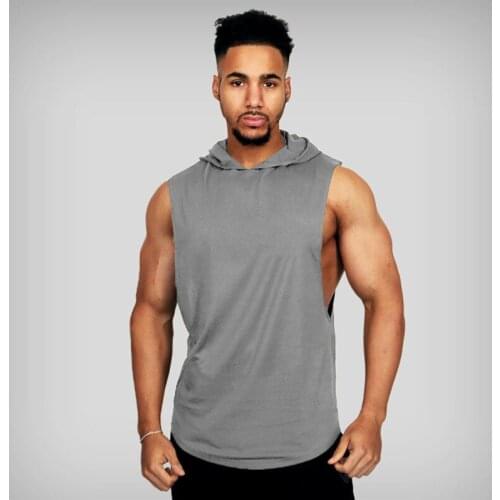Mens solid color cotton waistcoat loose bodybuilding fitness sports hooded vest hurdle training bottoming top