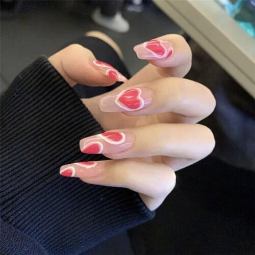 Pure color with rose red love pattern fake nails Japanese Middle-long size lady full nail tips cartoon false nails with glue