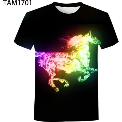 Neon Horse New 3D Printing Mens and Womens Summer Short Sleeve Round Neck T-Shirt Student Street Fashion Sports Jacket