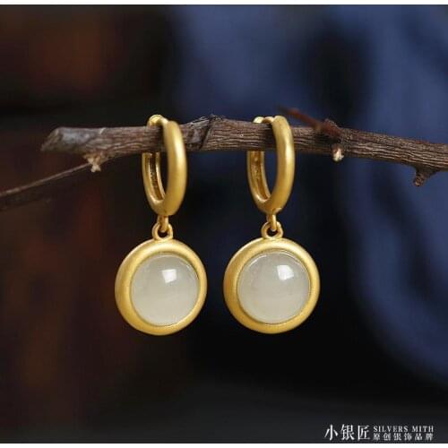 Spring and summer new products original S925 pure silver natural Hetian Jade Earrings Handmade antique gold female South Red Aga