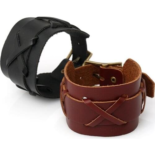 Wholesale Drop Ship Mans Bracelet Leather Punk Biker Motorcycle Bracelet Bangle For Man Handmade Jewelry Alloy Belt Buckle