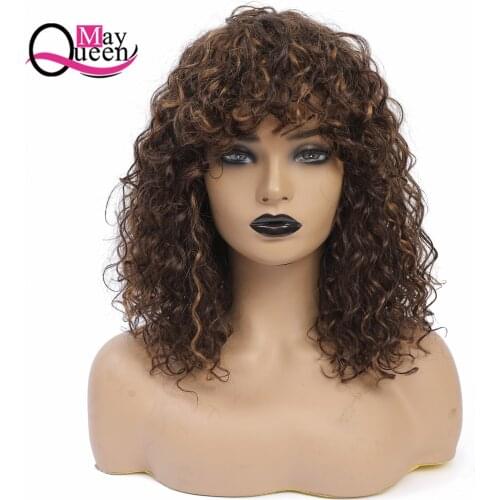 P4/30 Curly Wig With Bangs Brazilian Machine Made wig For Black Woman Human hair Wig Remy hair 150% density May Queen Hair