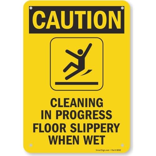 "Caution Cleaning In Progress, Floor Slippery When Wet" Sign | 7" x8" Aluminum