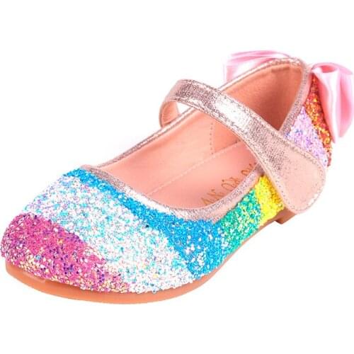 Girls Rainbow Shoes Sequins Bows Fashion New Kids Performance Dance Shoes PU Leather Mary Jane Shoes Children Party Dress Shoe