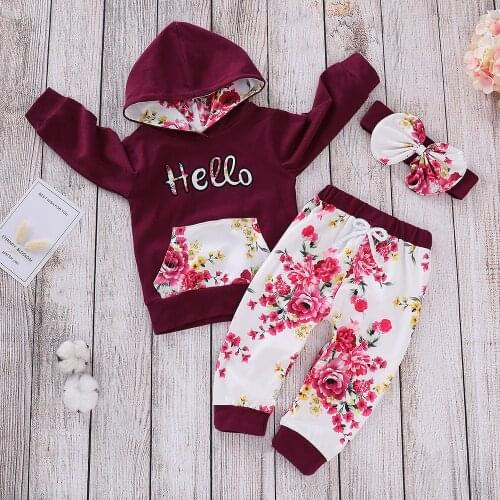 Sale 1-4Y Autumn Toddler Kids Baby Girls Tracksuit Sets Red Long Sleeve Floral Tops with front pocket Long Pants Outfits D30