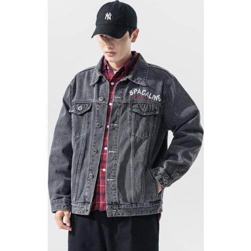 Plus Size Gray Denim Jacket For Men Retro Fashion Motor Biker Jackets Long Sleeve Embroidered Skull Outwear Coat Chaqueta Hombre