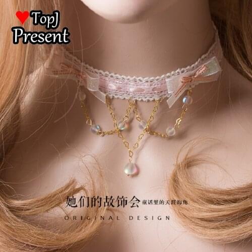 Pink set short necklace collar original hand made pearl bow soft girl heart Japanese Choker