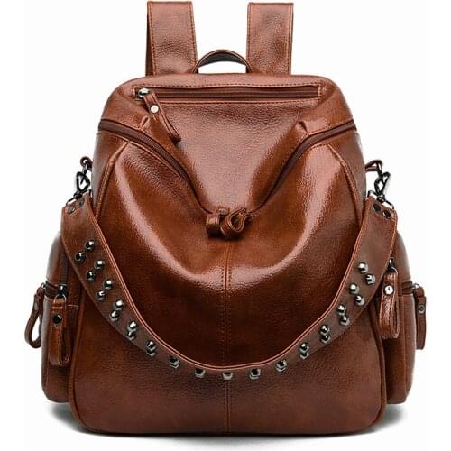 OCEHNUU Retro Backpacks for Women Leather Shoulder Bags Rivet Designer Ladies Bagpack Bag Pack Womens Backpack Plecak Damski