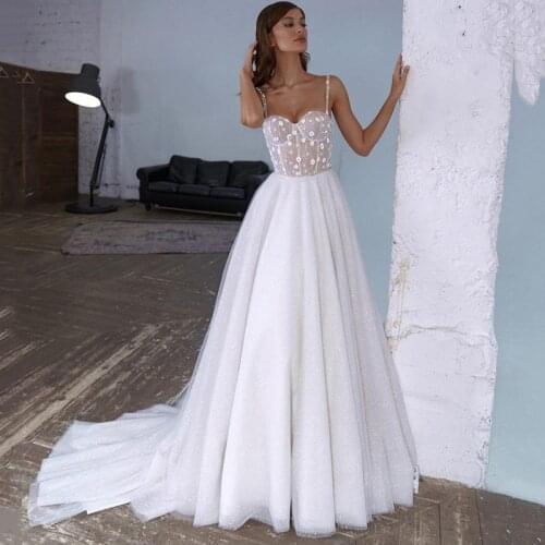 Sexy Boho Wedding Dress Robe de Mariage 2021 Bridal Dresses Shiny Tulle A Line Beach Wedding Gowns Flowers Spaghetti Straps