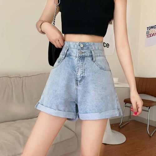 Crimping Korean Summer Denim Jeans Shorts Women High Waist Loose Wide Leg Pants Buttons Vintage Casual Shorts Streetwear
