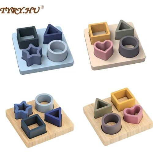 TYRY.HU 5pcs Silicone Building Block Wooden Geometric Nature Teether Silicone Soft Block Folding Educational Memory Stacking toy