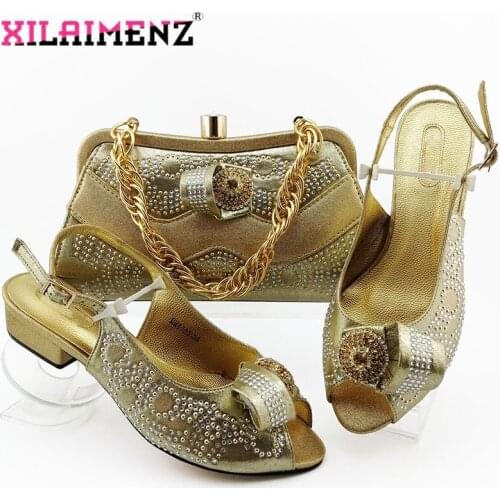 Comfortable Heels African Women Shoes and Bag to Match in Golden Color Nigerian Style with Evening Bag Matching Shoes and Bag