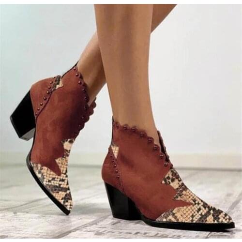 New Female Autumn Winter Lace PU Leather Cowboy Ankle Boots Rivet Women Wedge High Heel Booties Snake Print Botas Mujer