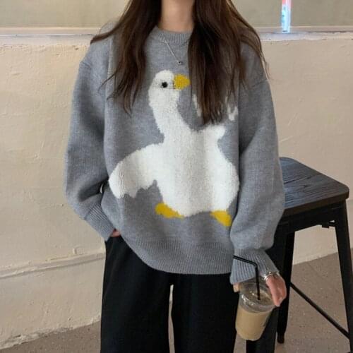Cartoon Duck Knitted Sweater Women O-Neck Long Sleeve Kawaii Casual Knitwear Sweet Thicken Winter Pullovers Korean Letter M003