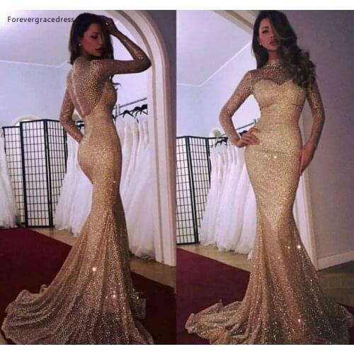 2019 Cheap Sequins Long Sleeves Evening Dress Elegant Arabic Dubai Mermaid Holiday Women Wear Formal Party Prom Gown Custom Made
