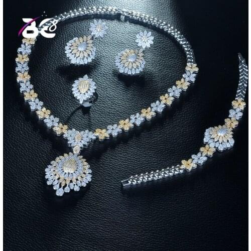 Be 8 2 Tones Elegent Cubic Zircon 4pcs Necklace Jewelry Wedding Bridal Set Leaf Waterdrop Shape Jewelry Set for Lady Dress S262