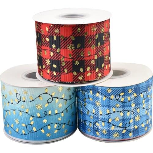 50yards 75mm Gold Foil and ink lights line Grosgrain Ribbon For Christmas DIY Accessories Welcome Custom Printed