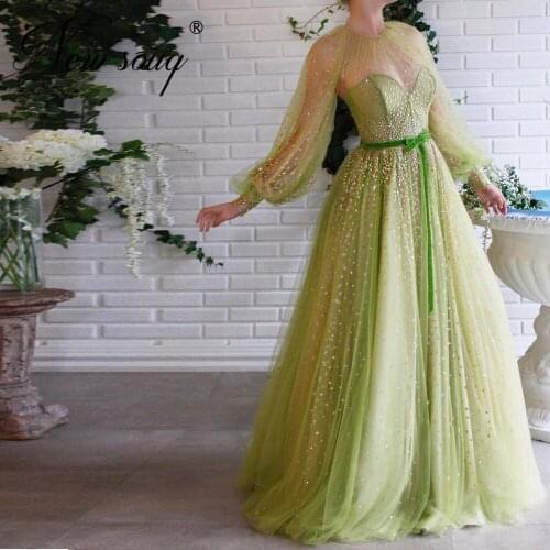 Shiny Mint Evening Dresses New Arrival Long Sleeve Formal Dubai Middle East Prom Dress Robe De Soiree Turkish Arabic Party Gown