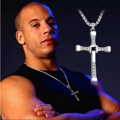 The Fast and the Furious Celebrity Vin Diesel Item Crystal Jesus Cross Pendant Necklace for Men Gift Jewelry