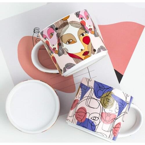 Ceramic coffee mug 430ml ins popular Europe style cups and mugs with lids home office use gift box water drinkware face printed