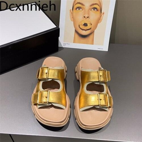 Summer Buckle strap Decoration Open Toe Beach Slippers Women Flat Thick Sole Sandals Comfort flip flops Ladies Slides shoes 2021