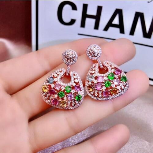 Personality ancient Fan wallet natural Multicolor tourmaline drop earrings Natural gemstone earrings S925 silver girl jewelry