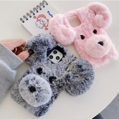 Cute Dog Soft Fluffy Furry Warm Plush Shockproof Protective Phone Case Cover Skin Shell Back for Oneplus 5 5T 6 6T 7 Pro 8 Pro