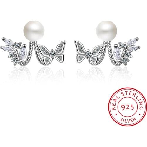 Cute Small 925 Sterling Silver Butterfly White CZ Pearl Stud Earrings For Women Children Girls Jewellery Orecchini Aros Aretes