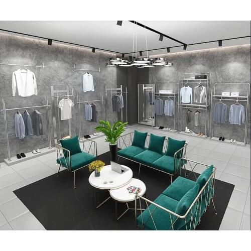 Mens store display rack stainless steel silver clothing shelf wall hanging clothing shelf double floor hangers