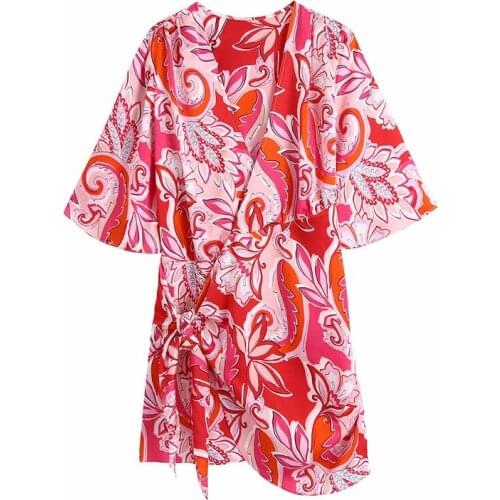 Evfer Summer Fashion Flower Print Summer Za Nice Red Mini Dresses Girls Elegant V-Neck High Waist Knotted Pleated Chic Dress