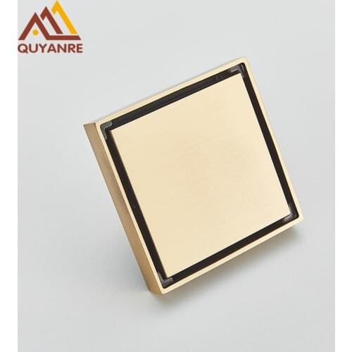 Quyanre Brushed Gold Square Invisible Bathroom Floor Drain Waste Grate Shower Drain Black Floor Drain Tile Insert Drain