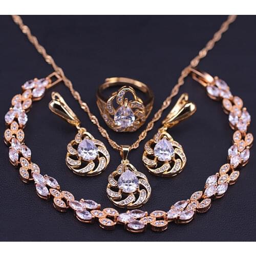 Many Colors Gold Color Jewelry Set For Women Top Zircon Jewelry Earrings Adjustable Ring Necklace With Bracelet Bridal Jewelry